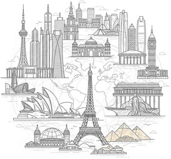 Illustration of famous city landmarks around the world
